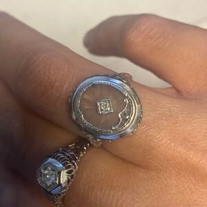 Antique Edwardian to Art Deco Filigree 14K Gold Carved Crystal Ring with Diamond